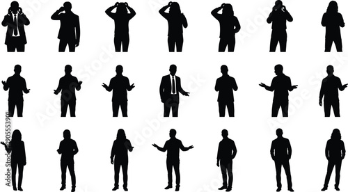 Collection of black silhouettes of people in various poses and gestures, depicting casual and business stances, communication, body language, design, animation, illustration resource