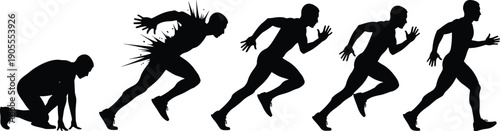 Dynamic black silhouettes of sprinter in motion sequence, explosive energy lines highlighting athletic performance,