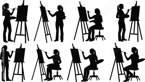 Black silhouette illustration of artists painting on canvases with easels, showing diverse creative postures and stances, artistic expression, design, drawing, and creative process