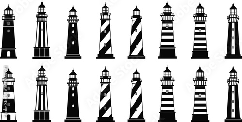 Lighthouse silhouettes collection isolated on white background, coastal navigation towers for maritime safety, ocean travel, seaside landmarks, illustration design use