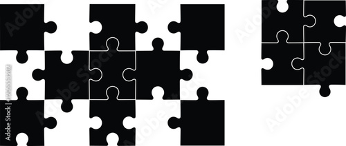Jigsaw puzzle pieces silhouette collection, missing connection concept, black vector illustration, problem solving teamwork symbol isolated
