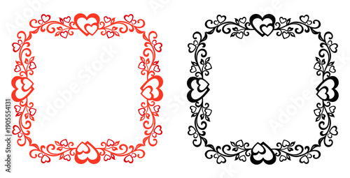 Square Valentine Frame with Heart Ornaments, Floral Vines and Romantic Decorative Border in Red and Black
