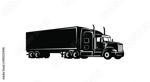 A detailed black illustration depicts a large semi truck with a trailer showcasing a striking silhouette high quality professional modern elegant stylish clean