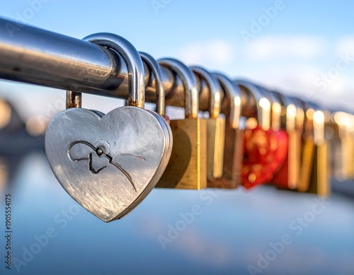 Row of love locks on a railing, focusing on a heart-shaped one, blurred background of water and sky
