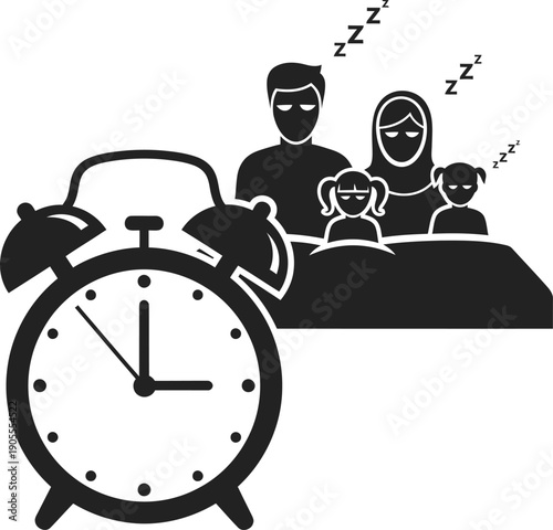 Family sleeping in bed with alarm clock vector illustration, suhoor time during ramadan, early morning wake up for pre-dawn meal