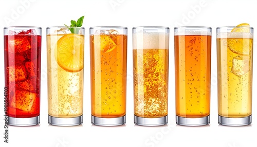 Row of various colorful fizzy drinks in tall clear glasses, isolated on white backdrop, some garnished with fruit or mint