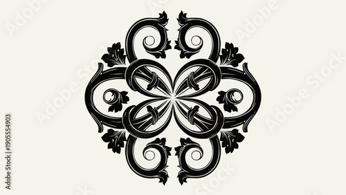 Intricate black ornamental flourish design symmetrical pattern.