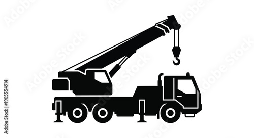 A stark black silhouette depicts a mobile crane with an extended boom highlighting industrial strength and capability silhouette high quality professional detailed