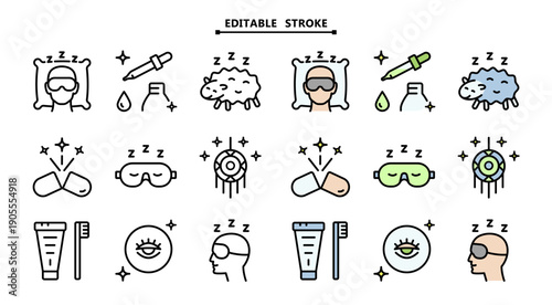 Sleep Hygiene Icon Set: Color Editable Symbols for Orthopedic Pillow, Meditation, Earplugs and Dream Catcher