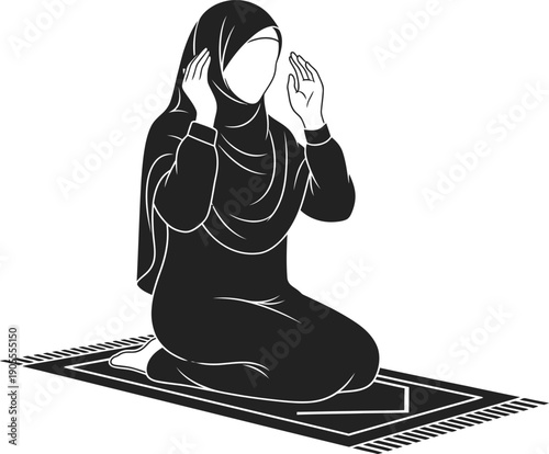 Woman praying on prayer rug wearing hijab silhouette representing devotion worship and Islamic practice scene of religious contemplation and spiritual connection with hands raised in prayer