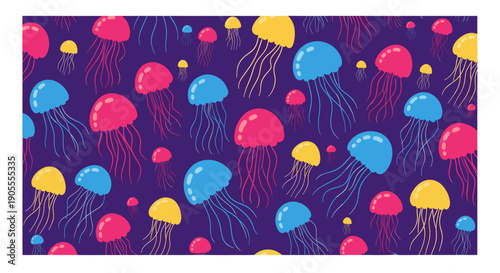 A vibrant pattern of colorful umbrellas against a dark blue background with splashes of pink, blue, and yellow.