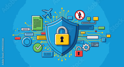 Secure data protection with digital lock and various icons surrounding it.
