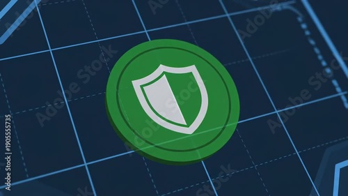 A glowing green shield icon on a digital grid background representing cybersecurity.