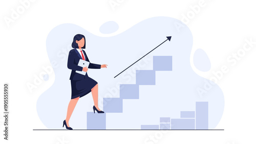 Businesswoman climbing stairs, career growth, success, reaching goals, strategy concept