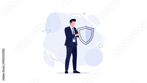 Businessman Holding Shield Icon, Security and Protection Concept