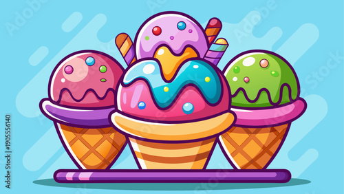 Cartoon vector of colorful ice cream scoops in a cone with simple clean flat dessert style