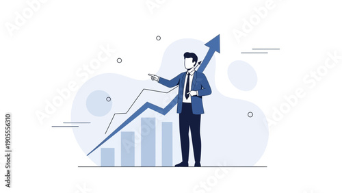 Businessman pointing at upward trending graph, business growth concept illustration
