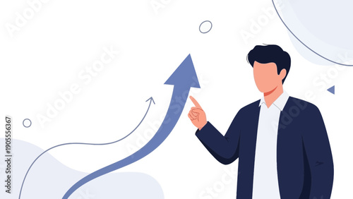 Businessman points to upward trending arrow graph, business growth concept
