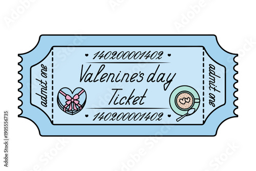 Valentine's Day. Blue admit-one ticket. A blue box of heart-shaped chocolates tied with a bow and a green cup of coffee with foam in the shape of two hearts. Handwritten cursive lettering.