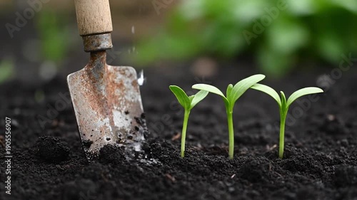 Tiny seedlings sprout beside a rusty trowel, with water droplets, in rich dark soil