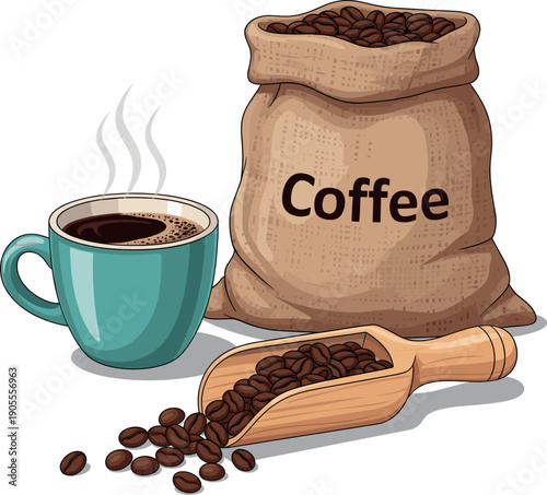 Burlap sack of roasted coffee beans with a wooden scoop and a steaming teal cup of hot black coffee for cafe branding and morning breakfast concepts.