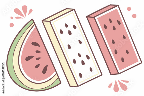 A colorful vector illustration of watermelon slices and wedges in a playful and minimalist design style