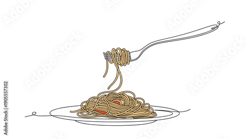 Delicious spaghetti pasta on a plate with a fork lifting noodles in a clean and minimal continuous line drawing style.