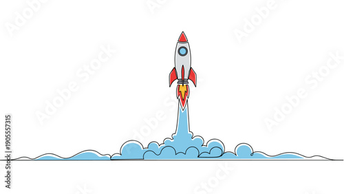 Space rocket ship launching into the sky through clouds of smoke represented in a minimalist continuous line art style.