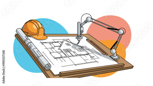 Architectural blueprint of a house on a drawing board with professional drafting tools and a yellow construction helmet.