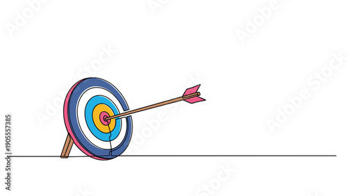 Archery target board with an arrow hitting the bullseye dead center symbolizing victory success and goal achievement.