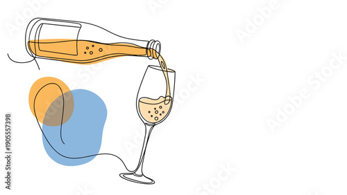White wine or champagne pouring from a bottle into a tall glass with abstract color blobs in a minimalist line style.