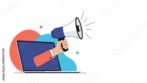 Hand reaching out from a laptop screen holding a megaphone for digital marketing news and online advertising concepts.