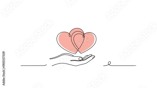 Caring and love concept showing a human hand gently holding two overlapping pink hearts in a minimalist continuous line drawing style.