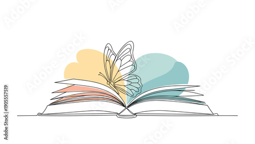 Imagination and knowledge concept showing a butterfly flying out of an open book with soft orange and blue ethereal clouds in the background.