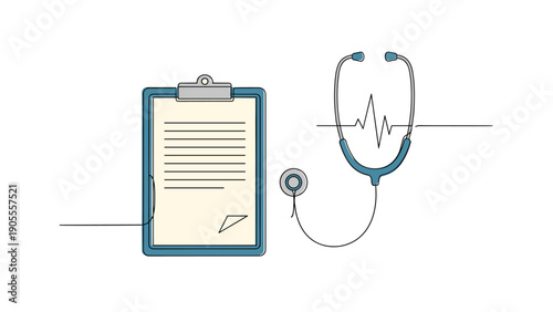 Healthcare and medical theme illustration featuring a clipboard for patient records, a stethoscope, and a steady heartbeat monitor line.