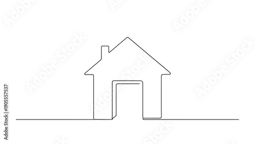 Minimalist architectural icon featuring a simple continuous line drawing of a basic house shape with a chimney on a clean white background.