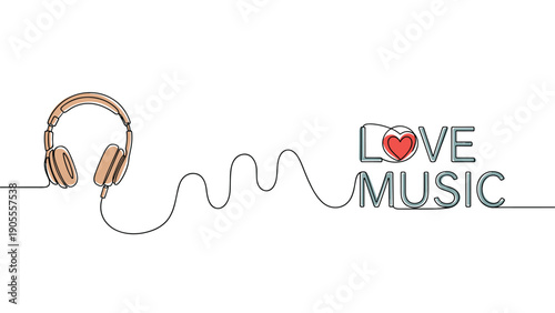 Passion for music concept featuring stylish headphones connected by a continuous wavy cord to the words LOVE MUSIC and a small heart icon.