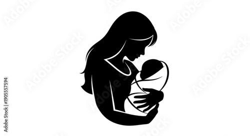 Mother Breastfeeding Baby Silhouette on White Background