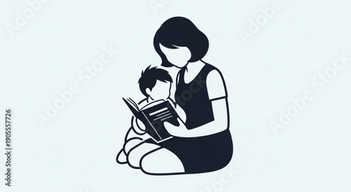 Mother Reading to Child in Simple Line Art Style