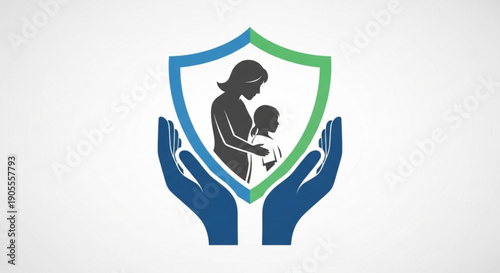 Protective Hands Holding Shield with Mother and Baby Silhouette, Safety and Care Concept, Isolated on White Background