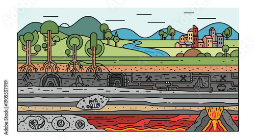 Cross section illustration showing earth's layers and mining activities beneath the surface