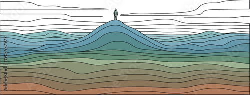 Person standing on top of a stylized landscape with layered terrain