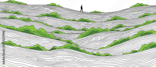 Person walking alone on a vast landscape with rolling hills and terrain