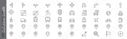 Navigation and transportation icon set – editable outline symbols of map, route, traffic, bus, train, airplane, ship, location pin, directions, location pins and travel vehicles