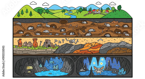Cross section illustration showing layers of earth with ancient artifacts and creatures