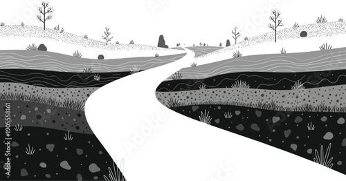 Serene monochrome landscape illustration featuring rolling hills and a winding path