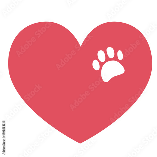 White paw on a red heart. Happy Animal Day. Cute little paw icon in a big red heart.