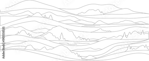 Simple black and white outline drawing of layered mountains on a plain background