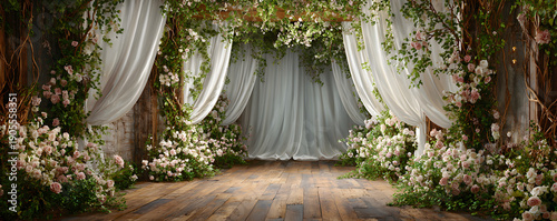 Wallpaper Mural Wedding arch white curtain floral decoration ceremony backdrop green foliage wooden floor indoor venue romantic flower arrangement aisle wedding Torontodigital.ca