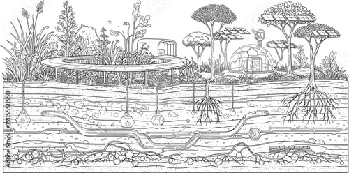 Futuristic underground eco-friendly habitat showcasing sustainable living and renewable energy sources effectively